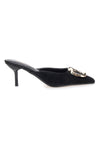 Renato Balestra 672 schwarze Pantoletten mit Samteffekt, Absatz und Schmuckdetail