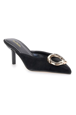 Renato Balestra 672 schwarze Pantoletten mit Samteffekt, Absatz und Schmuckdetail