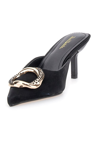 Renato Balestra 672 schwarze Pantoletten mit Samteffekt, Absatz und Schmuckdetail