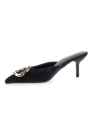 Renato Balestra 672 schwarze Pantoletten mit Samteffekt, Absatz und Schmuckdetail