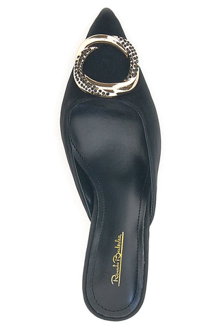 Renato Balestra 672 schwarze Pantoletten mit Samteffekt, Absatz und Schmuckdetail