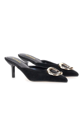 Renato Balestra 672 schwarze Pantoletten mit Samteffekt, Absatz und Schmuckdetail