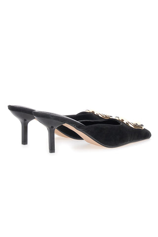 Renato Balestra 672 schwarze Pantoletten mit Samteffekt, Absatz und Schmuckdetail