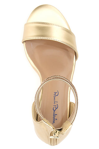 Renato Balestra 920 Goldsandalen mit Schmucksteinriemen und dünnem Absatz