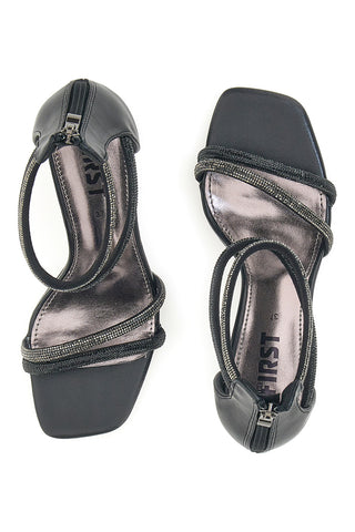 Schwarze Sandalen mit hohem Absatz und Strasssteinen The First 254
