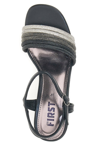 Schwarze Sandalen mit Blockabsatz und Strasssteinen The First 201