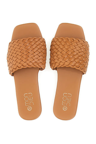 Cognacfarbene flache Hausschuhe mit gekreuztem Band Mon Dieu 5410