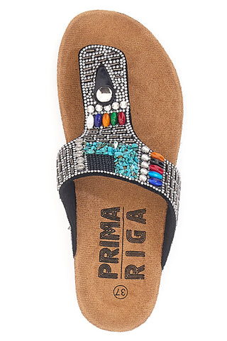 Ciabatte Infradito Nere Con Strass e Perline Prima Riga 14199
