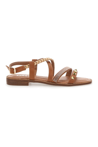 Braune Sandalen mit flacher Sohle und Nieten The First 313811