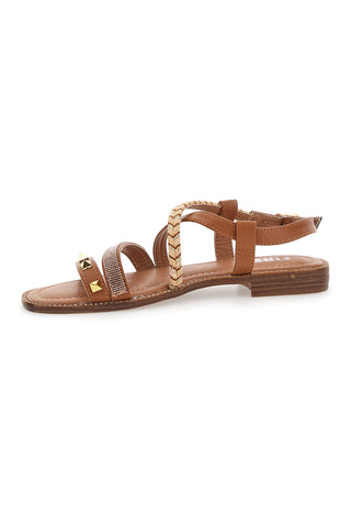 Braune Sandalen mit flacher Sohle und Nieten The First 313811