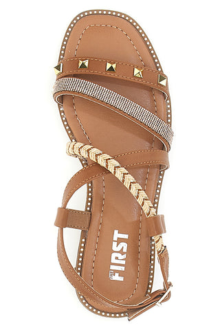 Braune Sandalen mit flacher Sohle und Nieten The First 313811