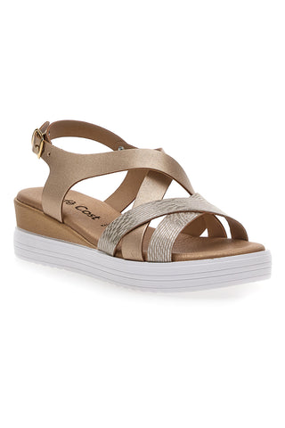 Bronzesandalen mit Keilabsatz und Cafè-Riemen. Kosten 11443036