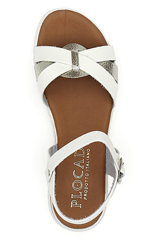 Weiße und platinfarbene Sandalen mit gekreuzten Bändern und Riemen Plocadi 003