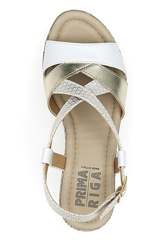 Weiße und goldene Sandalen mit Keilabsatz Prima Riga MK3234109