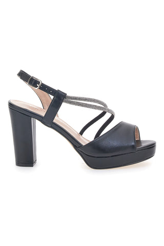 Schwarze First Lady Sandalen mit Absatz und Strasssteinen 455