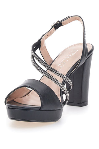 Schwarze First Lady Sandalen mit Absatz und Strasssteinen 455