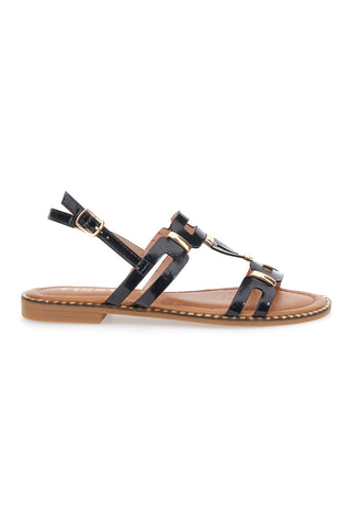 Schwarz-goldene Sandalen mit flacher Sohle The First 19465