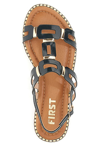 Schwarz-goldene Sandalen mit flacher Sohle The First 19465