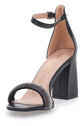 Schwarze Sandalen mit Absatz und Strasssteinen First Lady 419
