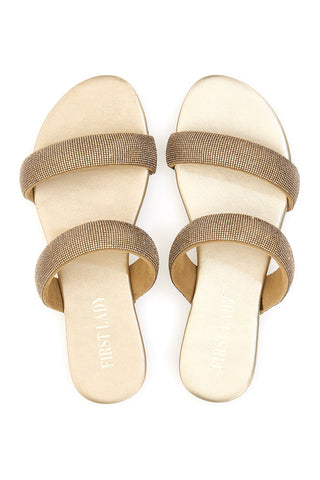 Goldene flache Hausschuhe mit goldenen Strasssteinen First Lady 439