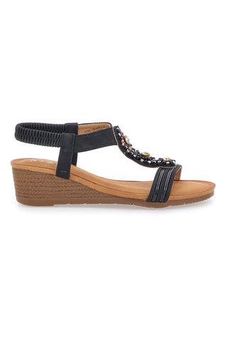 Schwarze Sandalen mit Keilabsatz und Perlen Prima Riga FT0893