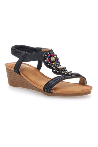 Sandali Neri Con Zeppa e Perline Prima Riga FT0893