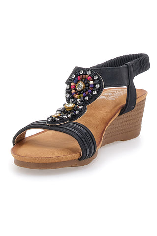 Schwarze Sandalen mit Keilabsatz und Perlen Prima Riga FT0893