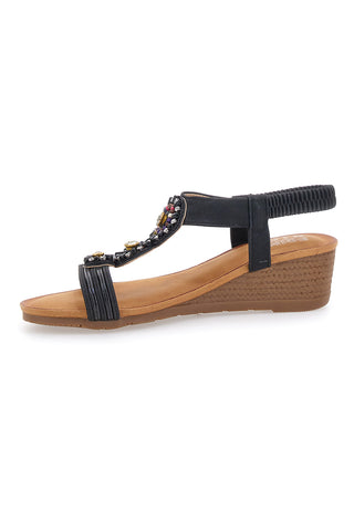 Sandali Neri Con Zeppa e Perline Prima Riga FT0893