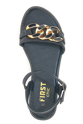 Schwarze Sandalen mit goldener Kette und Riemen The First Chic PRE5384