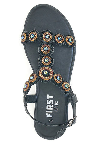 Schwarze flache Sandalen mit bunten Applikationen THE FIRST CHIC PREA752