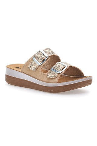 Ciabatte beige con fantasia e doppia fibbia INBLU 19 TF da donna | Pittarello