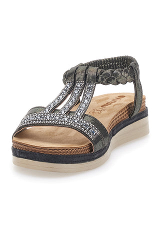 Schwarze niedrige Sandalen mit Strasssteinen und geflochtenem Band INBLU 11 MF