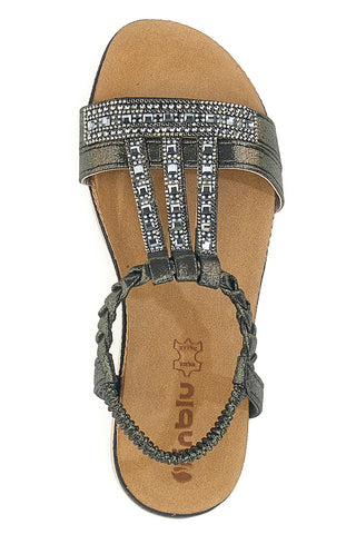 Schwarze niedrige Sandalen mit Strasssteinen und geflochtenem Band INBLU 11 MF