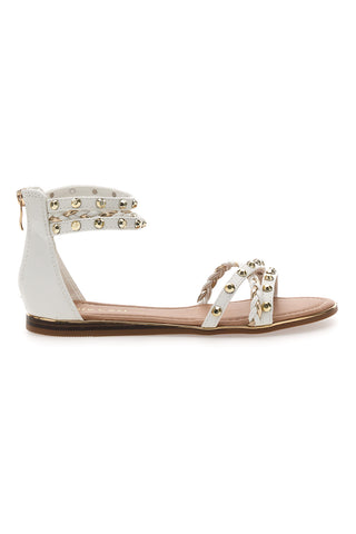 Cafè Cost 11Y279 Flache Sandalen mit weißen Nieten und Reißverschluss hinten