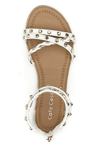 Cafè Cost 11Y279 Flache Sandalen mit weißen Nieten und Reißverschluss hinten