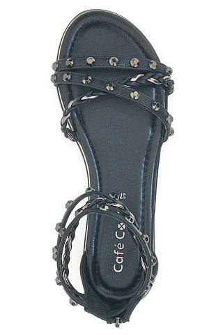 Cafè Cost 11Y279 Flache Sandalen mit schwarzen Nieten und Reißverschluss hinten