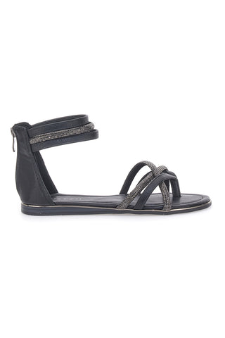 Schwarze flache Sandalen mit Glitzerbändern und Reißverschluss hinten Cafè Cost 665