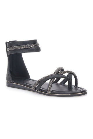 Schwarze flache Sandalen mit Glitzerbändern und Reißverschluss hinten Cafè Cost 665