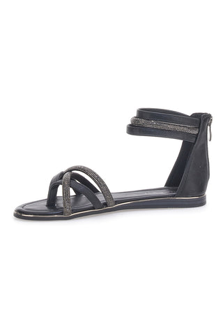 Schwarze flache Sandalen mit Glitzerbändern und Reißverschluss hinten Cafè Cost 665