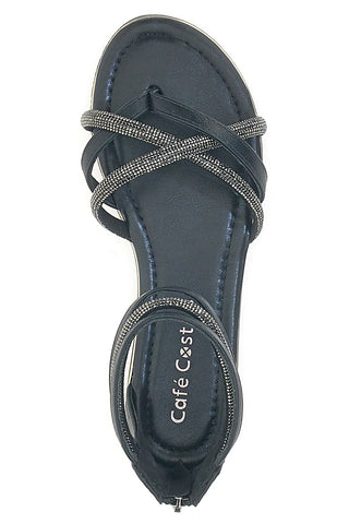 Schwarze flache Sandalen mit Glitzerbändern und Reißverschluss hinten Cafè Cost 665