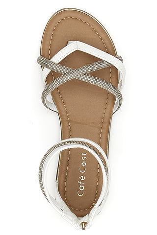 Weiße flache Sandalen mit Glitzerbändern und Reißverschluss hinten Cafè Cost 665