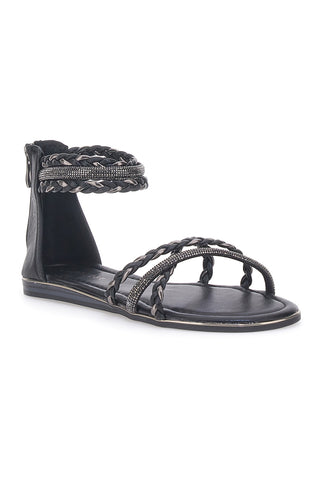 Schwarze flache Sandalen mit gewebten Glitzerbändern und Reißverschluss hinten Cafè Cost