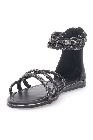 Schwarze flache Sandalen mit gewebten Glitzerbändern und Reißverschluss hinten Cafè Cost