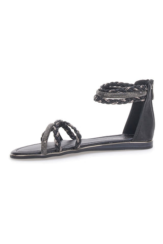 Schwarze flache Sandalen mit gewebten Glitzerbändern und Reißverschluss hinten Cafè Cost