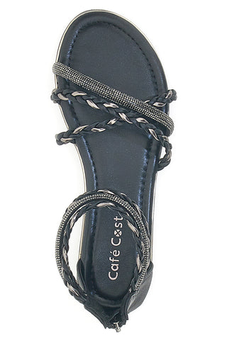 Schwarze flache Sandalen mit gewebten Glitzerbändern und Reißverschluss hinten Cafè Cost