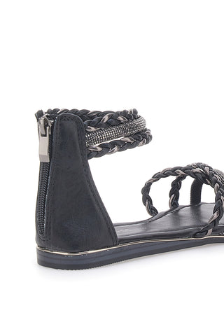 Schwarze flache Sandalen mit gewebten Glitzerbändern und Reißverschluss hinten Cafè Cost
