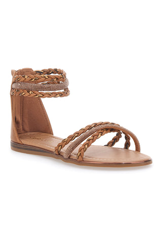 Braune flache Sandalen mit gewebten Glitzerbändern und Reißverschluss hinten Cafè Cost