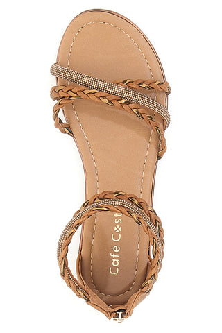 Braune flache Sandalen mit gewebten Glitzerbändern und Reißverschluss hinten Cafè Cost