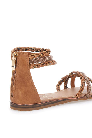 Braune flache Sandalen mit gewebten Glitzerbändern und Reißverschluss hinten Cafè Cost