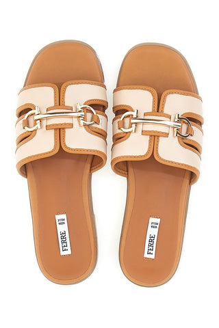 Beigefarbene Hausschuhe aus Leder mit goldener Kette Ferrè F255